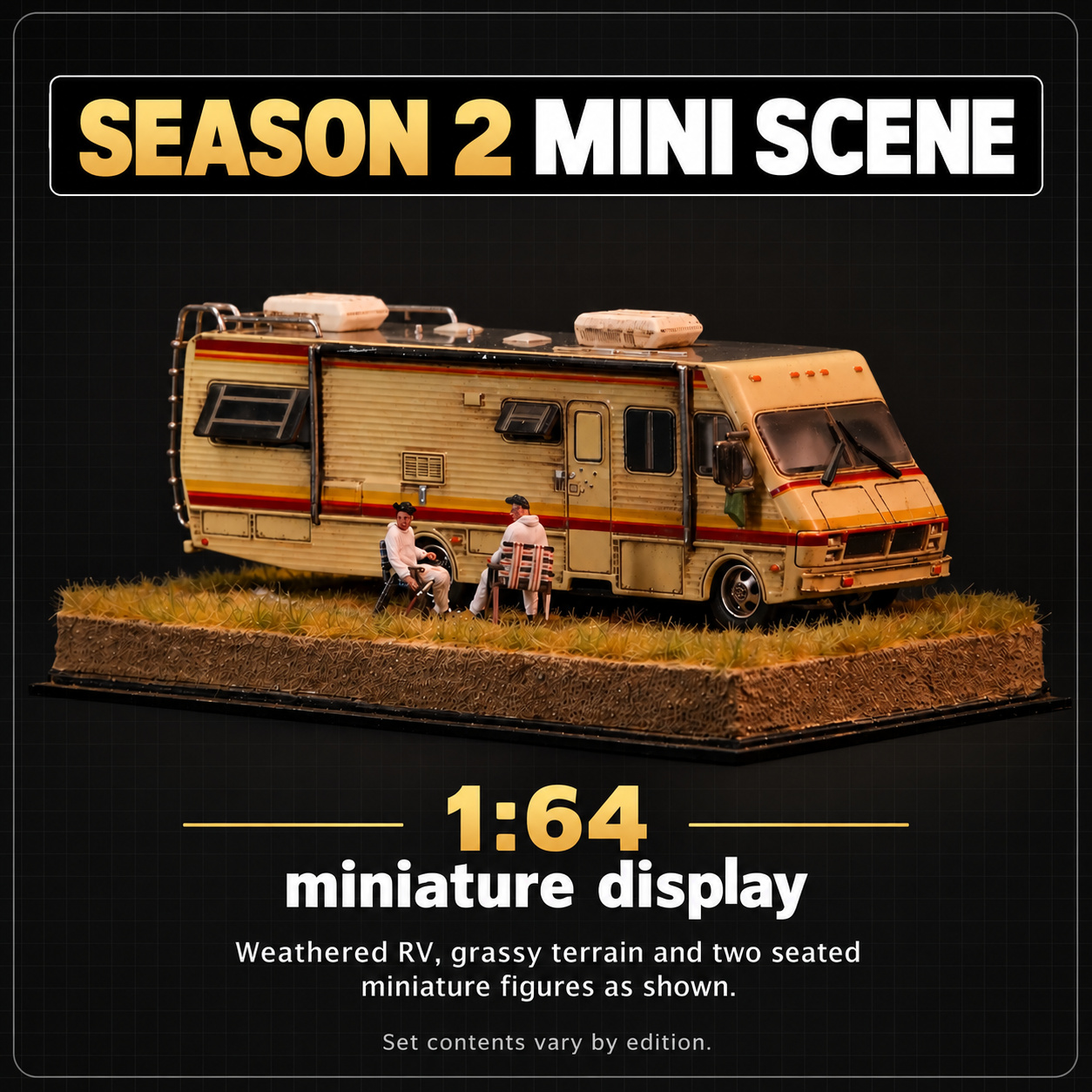 Season 2 Mini scene photograph showing the RV and two seated figures on a compact grassy desert base
