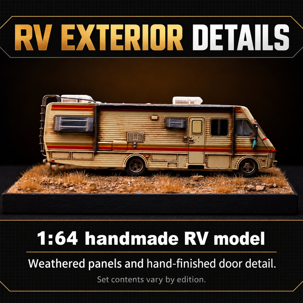 RV door-side exterior profile with weathered panels, fixed windows and hand-finished door marks