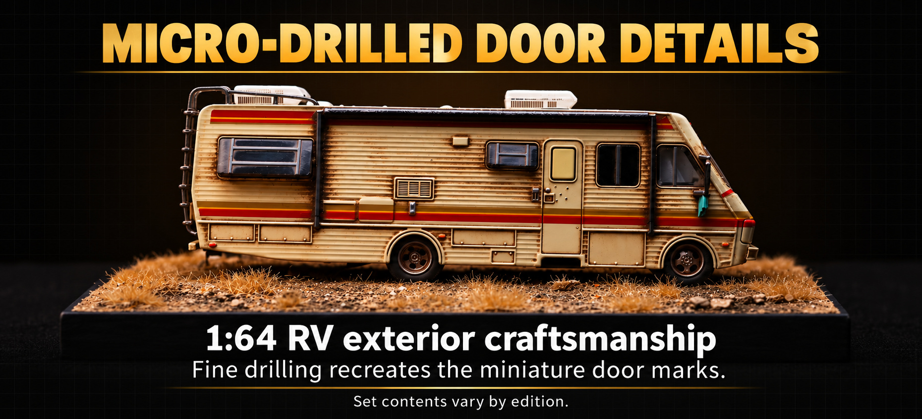 Wide craftsmanship photograph of the RV exterior and micro-drilled miniature door details
