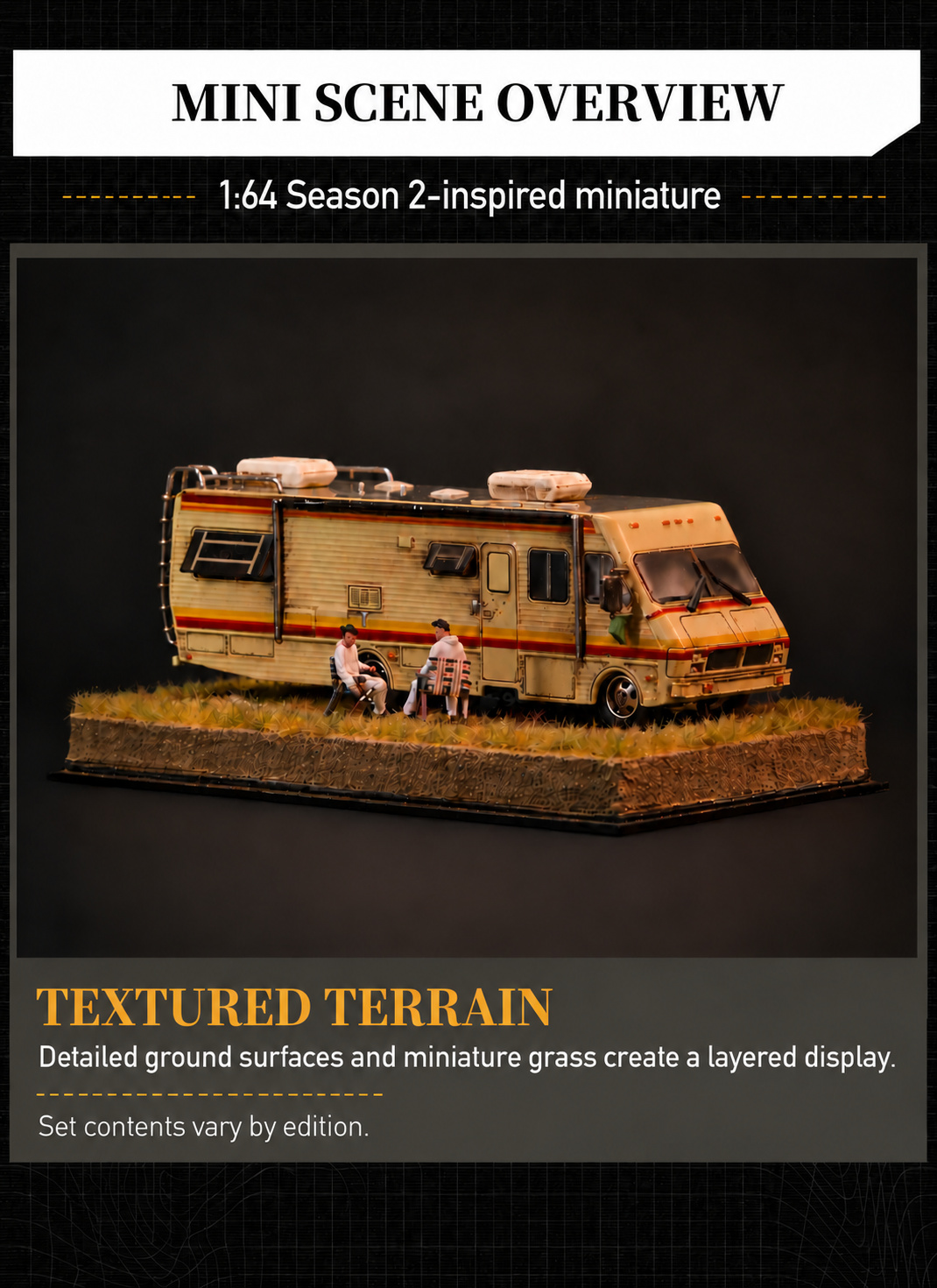 Mini scene overview with weathered RV, two seated figures, two chairs and textured desert-grass terrain