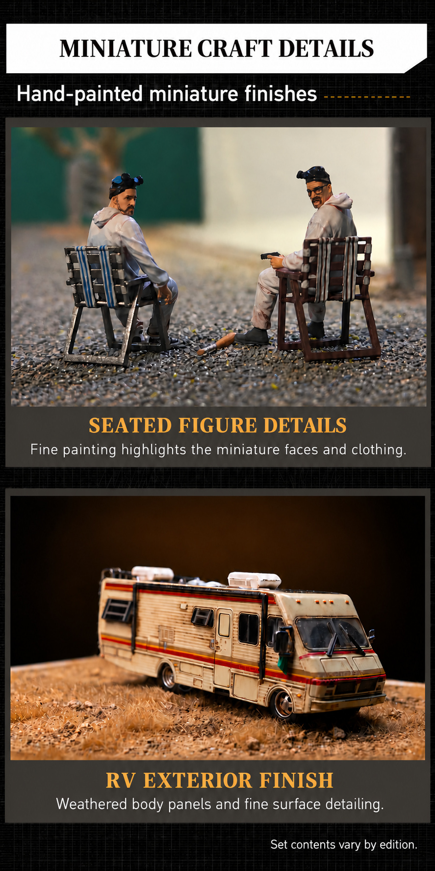 Close photographs of two seated miniature figures and the RV exterior finish, showing hand-painted clothing and weathering