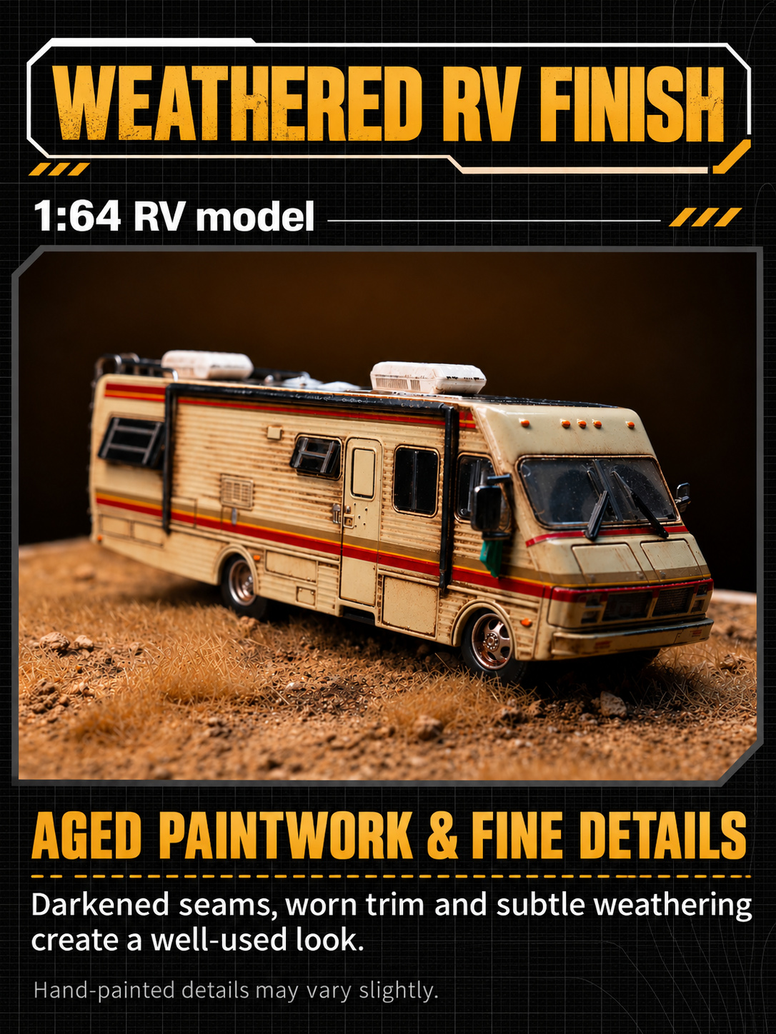 Weathered RV front three-quarter photograph highlighting aged paintwork, darkened seams and worn trim