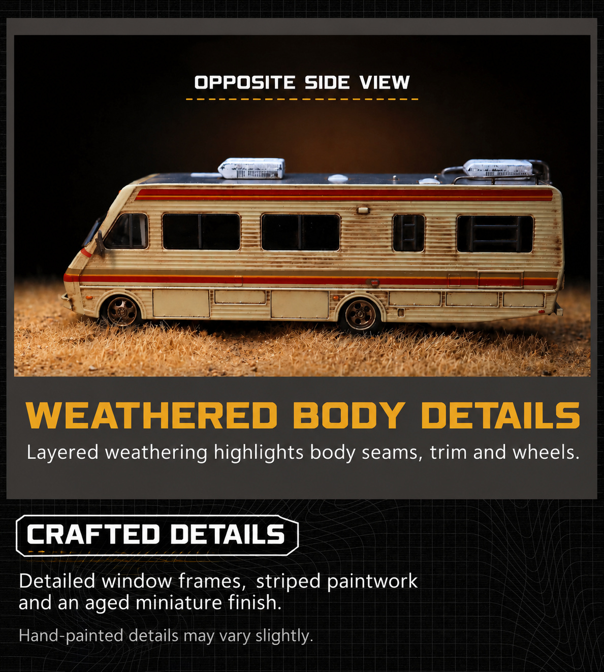 Opposite-side profile of the RV with striped paintwork, fixed window frames, wheels and layered weathering