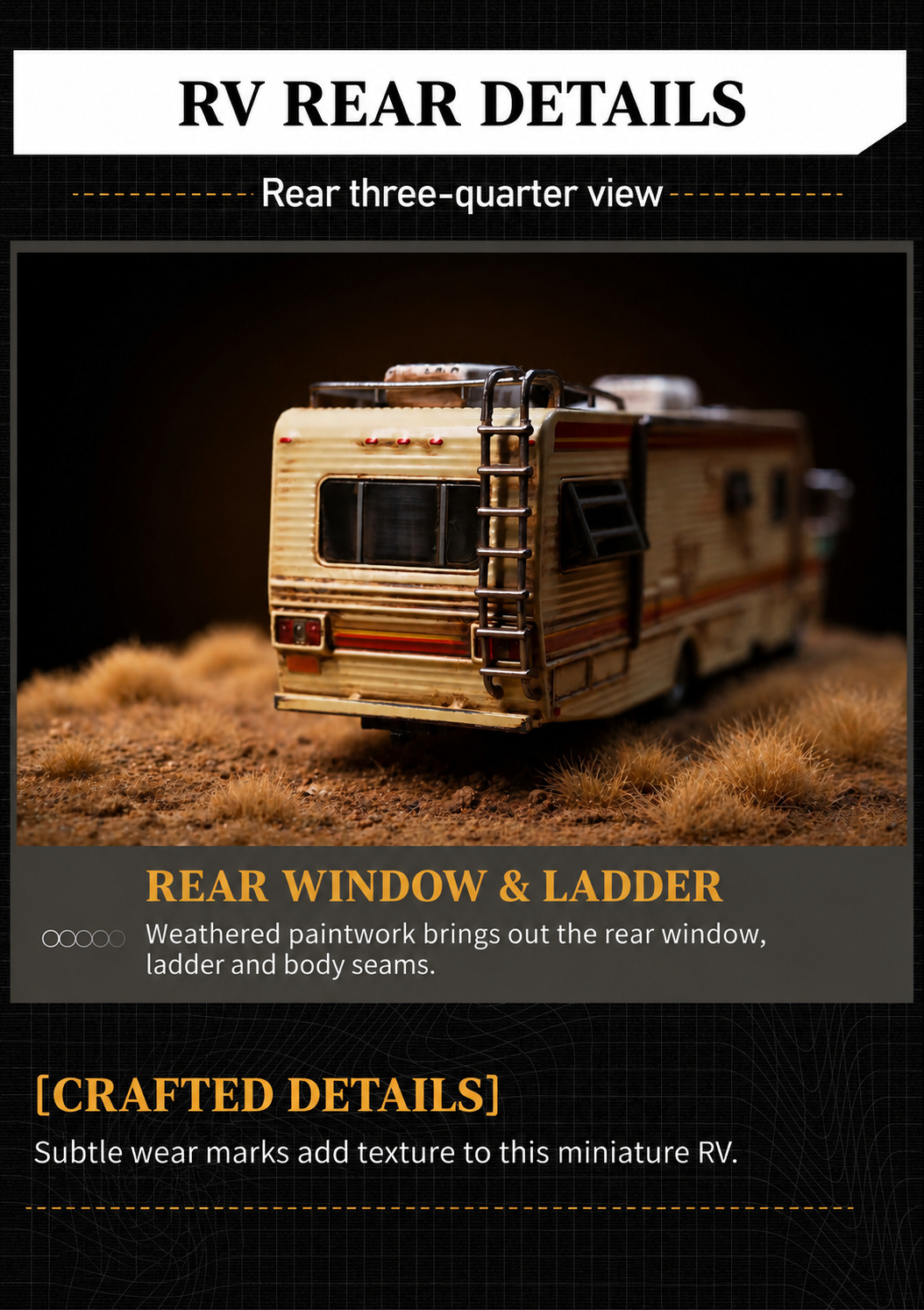 Rear three-quarter RV photograph highlighting the rear window, ladder and weathered body seams