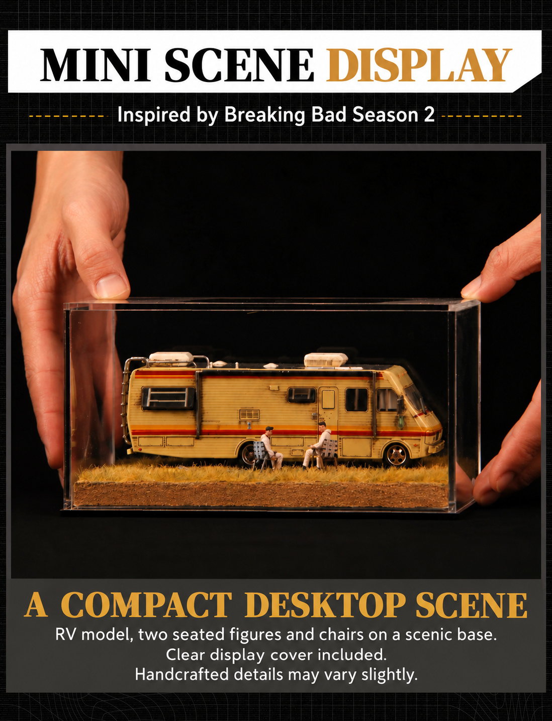 Compact Mini diorama under a clear display cover held at the sides, with RV, two seated figures and two chairs