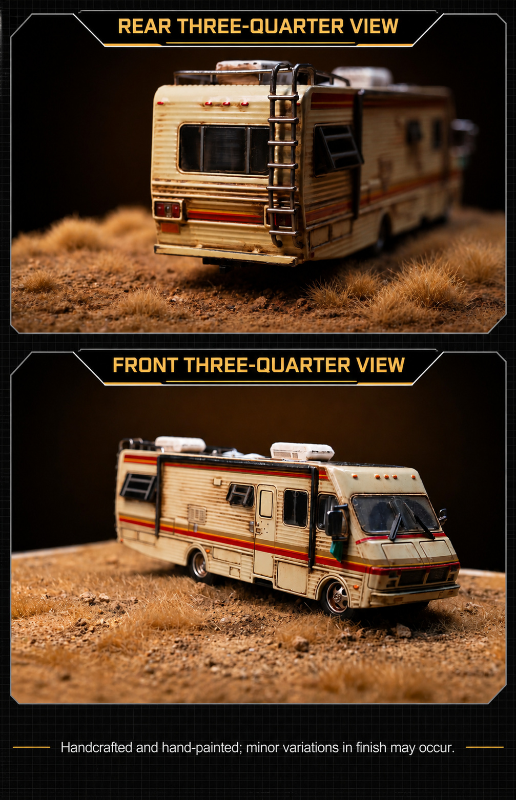 Rear and front three-quarter RV photographs showing hand-painted weathering and exterior details