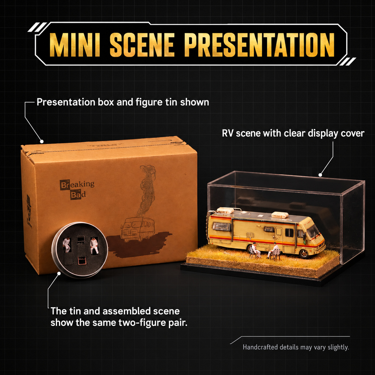 Mini scene packaging photograph showing a presentation box, figure tin and covered scene; tin and scene repeat the same two figures
