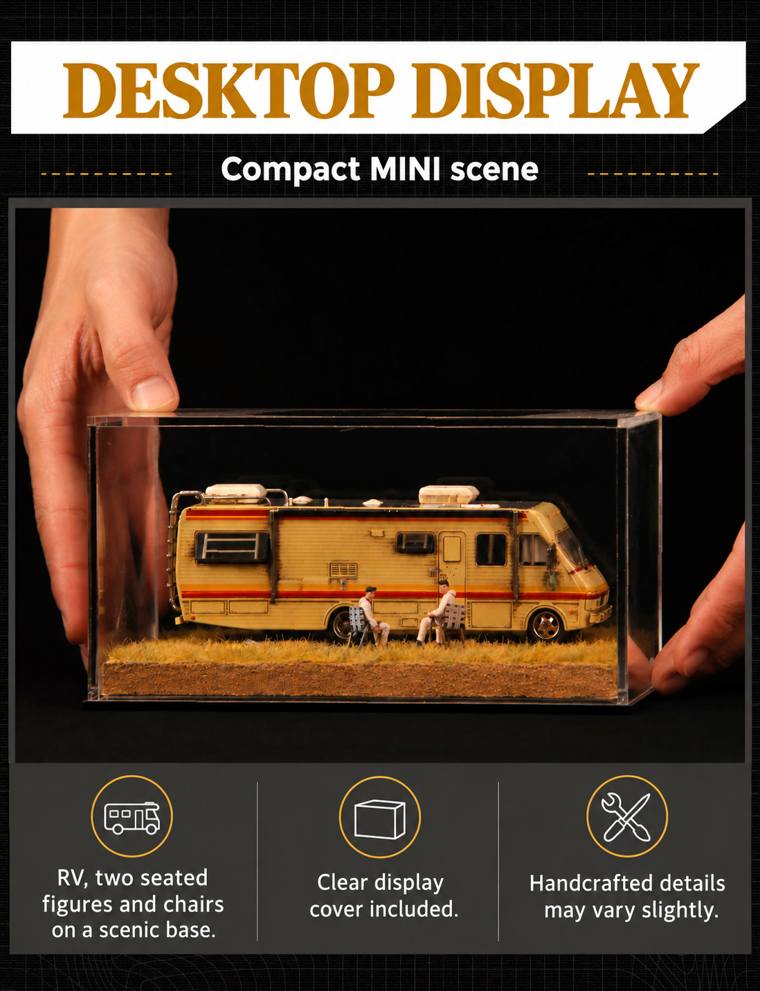 Desktop Mini scene under its clear display cover, showing the RV, two seated figures and chairs on the small base
