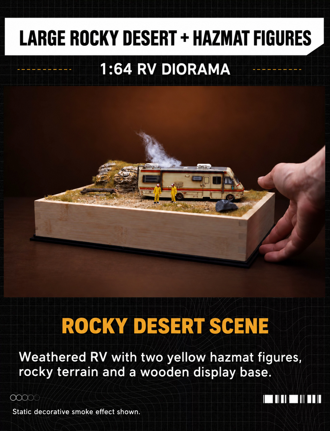 Large Rocky Desert + Hazmat Figures photograph with weathered RV, two yellow-suited figures and static cotton scenery