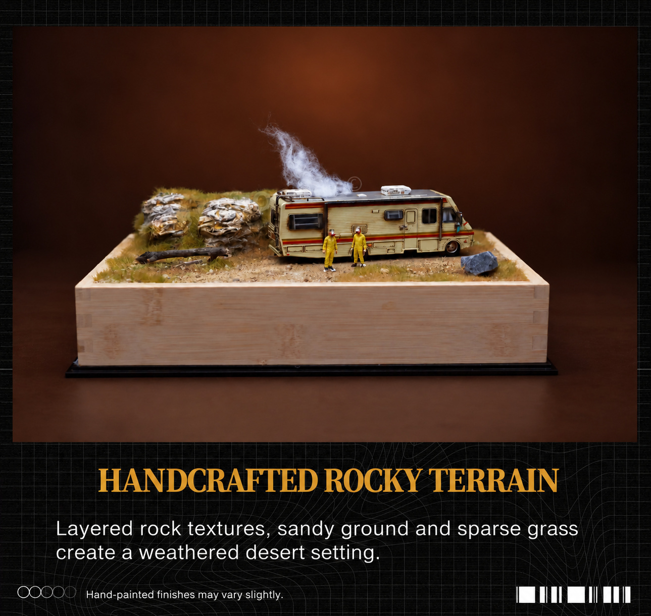 Uncovered rocky desert scene with RV, two hazmat-suit figures, textured rocks and sparse grass on a wooden display base