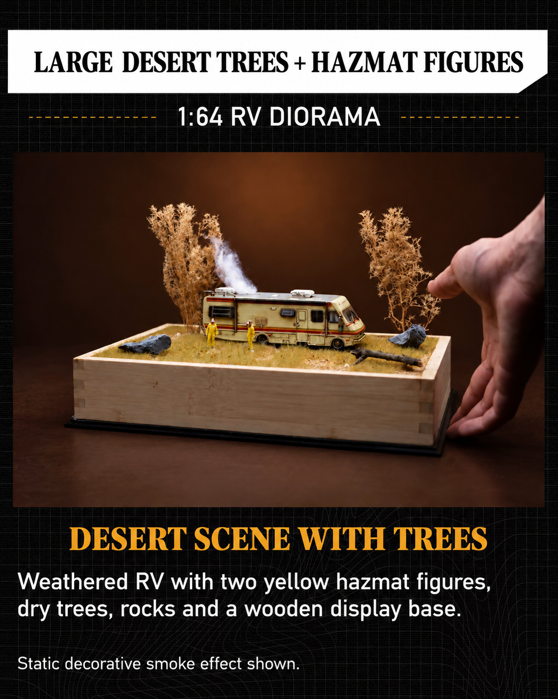 Large Desert Trees + Hazmat Figures scene with RV, two yellow-suited figures, trees, rocks and static cotton scenery