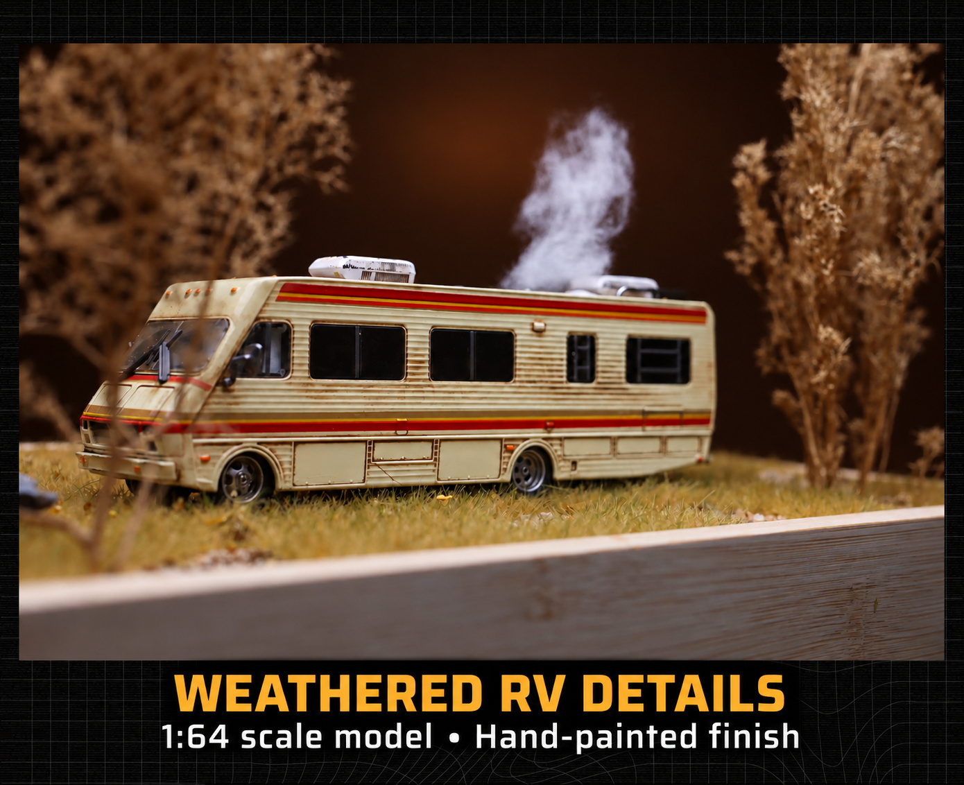 RV opposite-side close-up on the desert-tree base, showing hand-painted weathering and static cotton scenic decoration
