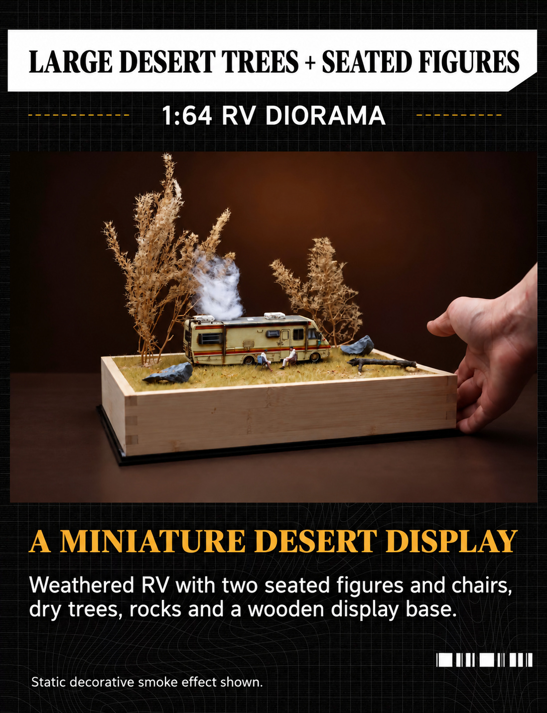 Large Desert Trees + Seated Figures photograph with weathered RV, two seated figures, chairs, trees and rocks