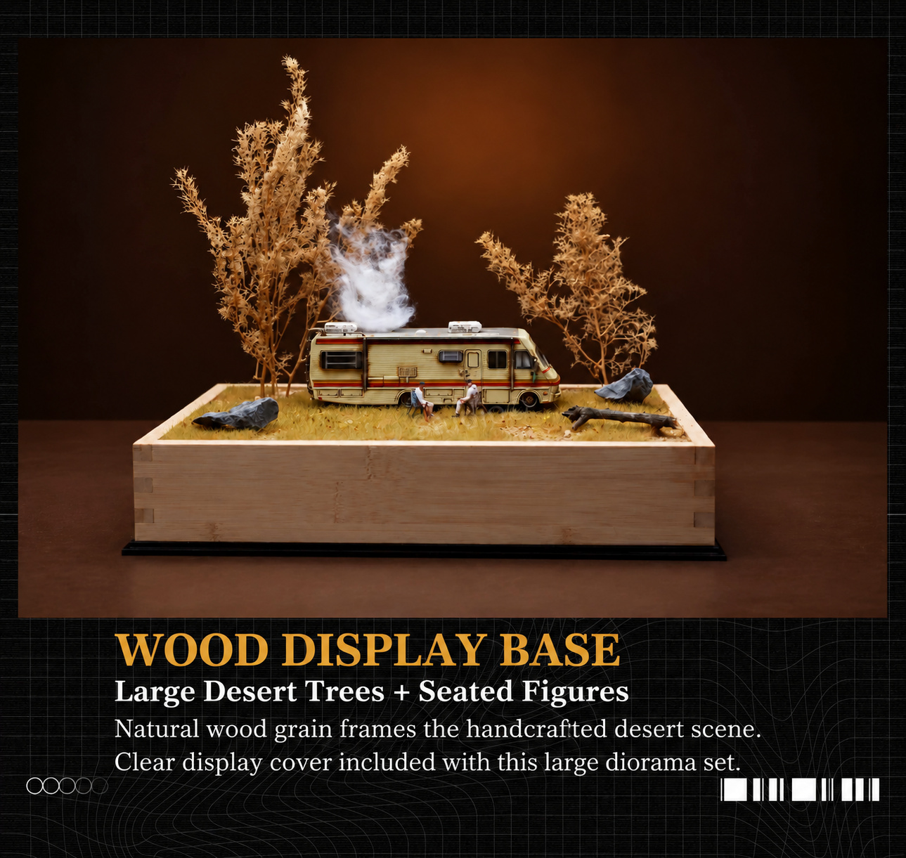 Large desert-tree scene on a wooden display base with RV, two seated figures and static cotton scenic decoration