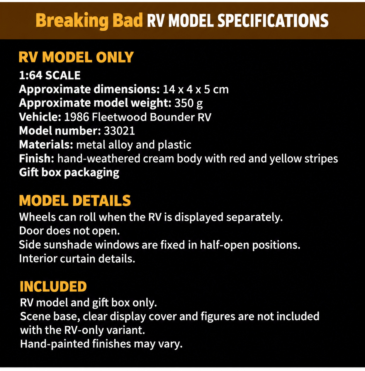 RV-only specification card: 1:64 scale, approximately 14 x 4 x 5 cm and 350 g for the vehicle only, with fixed door and half-open side windows