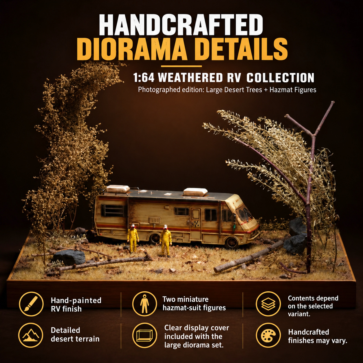 Handcrafted large desert-tree diorama photograph with the RV and two hazmat-suit figures; contents depend on the selected configuration