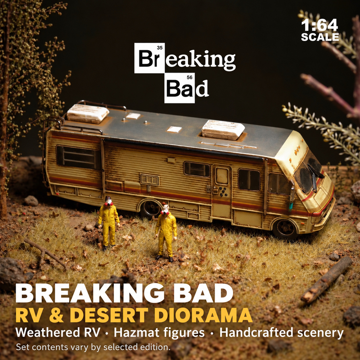 Handcrafted 1:64 weathered RV on a desert display with trees and two yellow hazmat-suit figures; contents vary by selected configuration