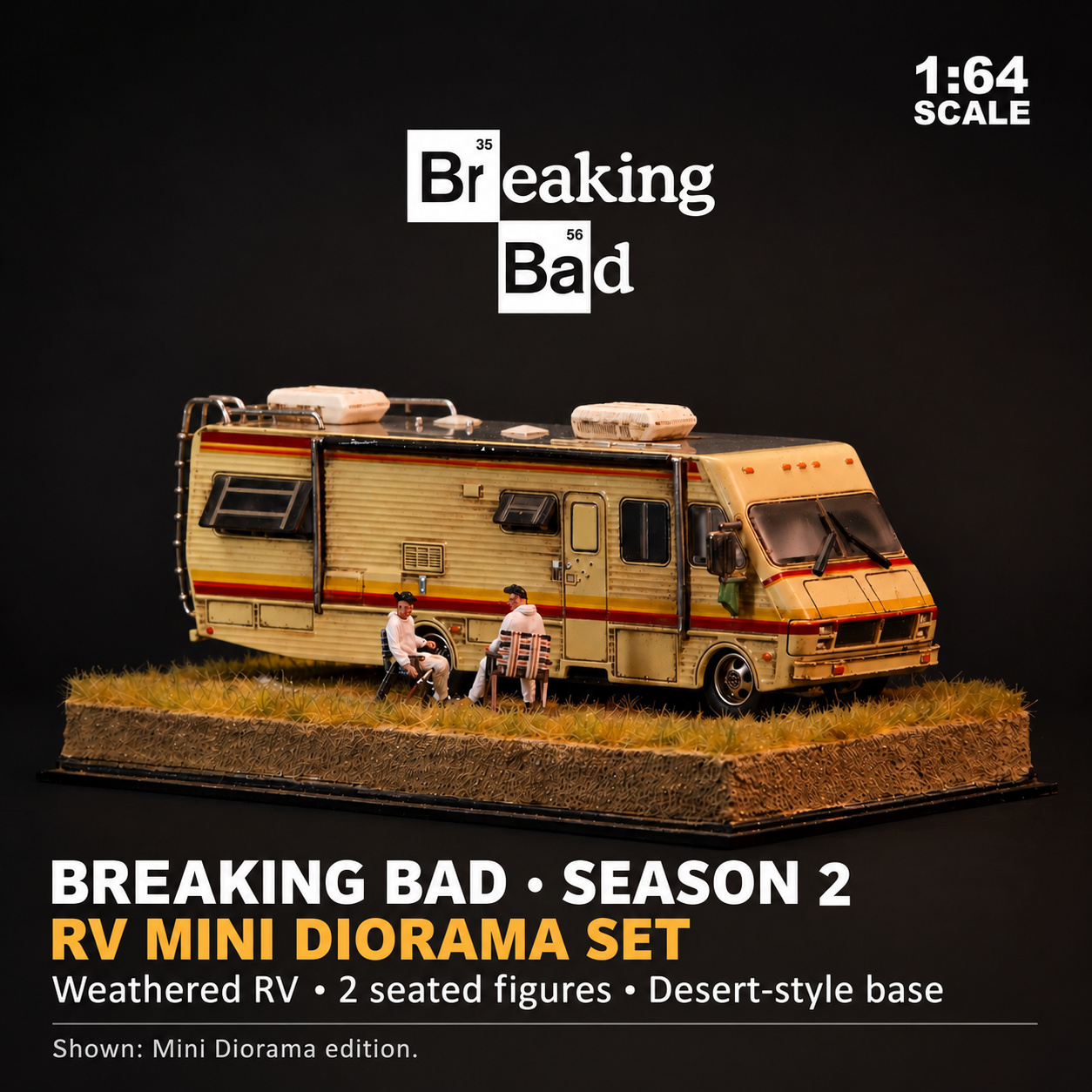 Season 2 Mini Diorama photograph showing the weathered RV, two seated figures and two chairs on a small desert-grass display base