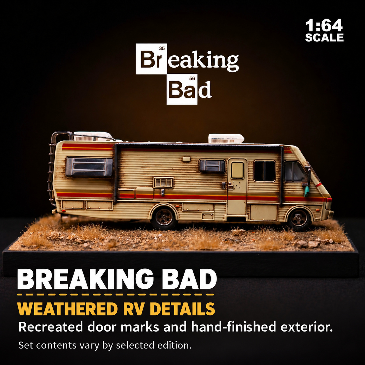 Door-side profile of the weathered 1:64 RV with fixed windows, roof details and hand-finished exterior; photographed scenery depends on configuration