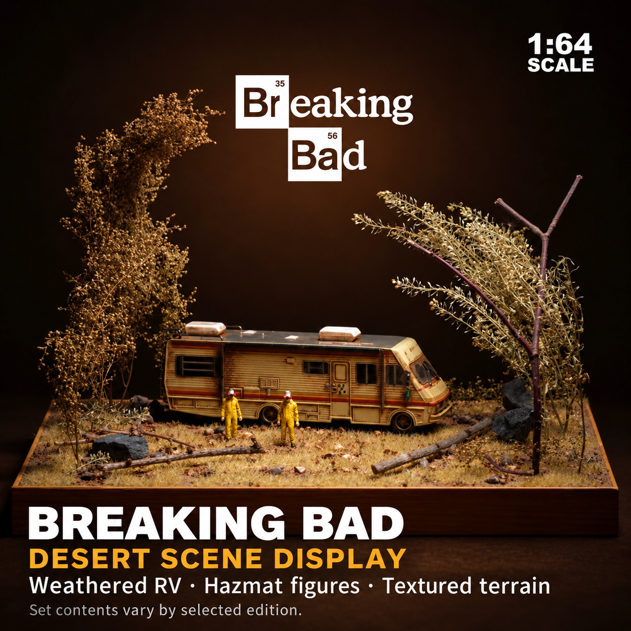 Large desert-tree diorama photograph with the RV, two hazmat-suit figures, rocks and a fallen log on a wooden display base