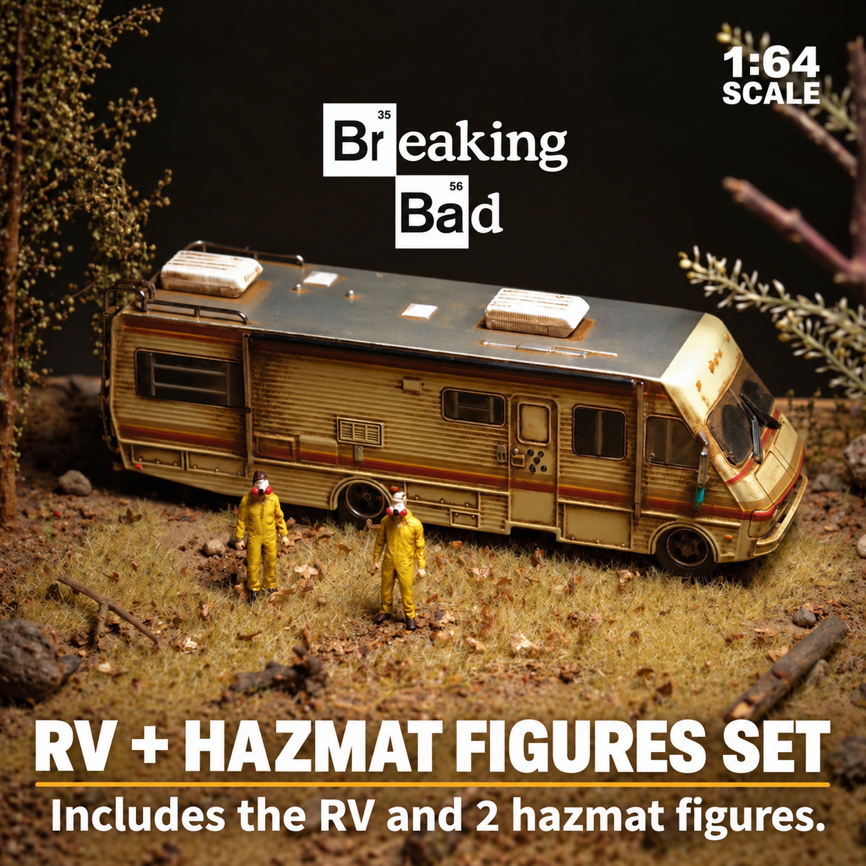 RV + Hazmat Figures Set configuration photograph showing the weathered RV and two yellow hazmat-suit figures