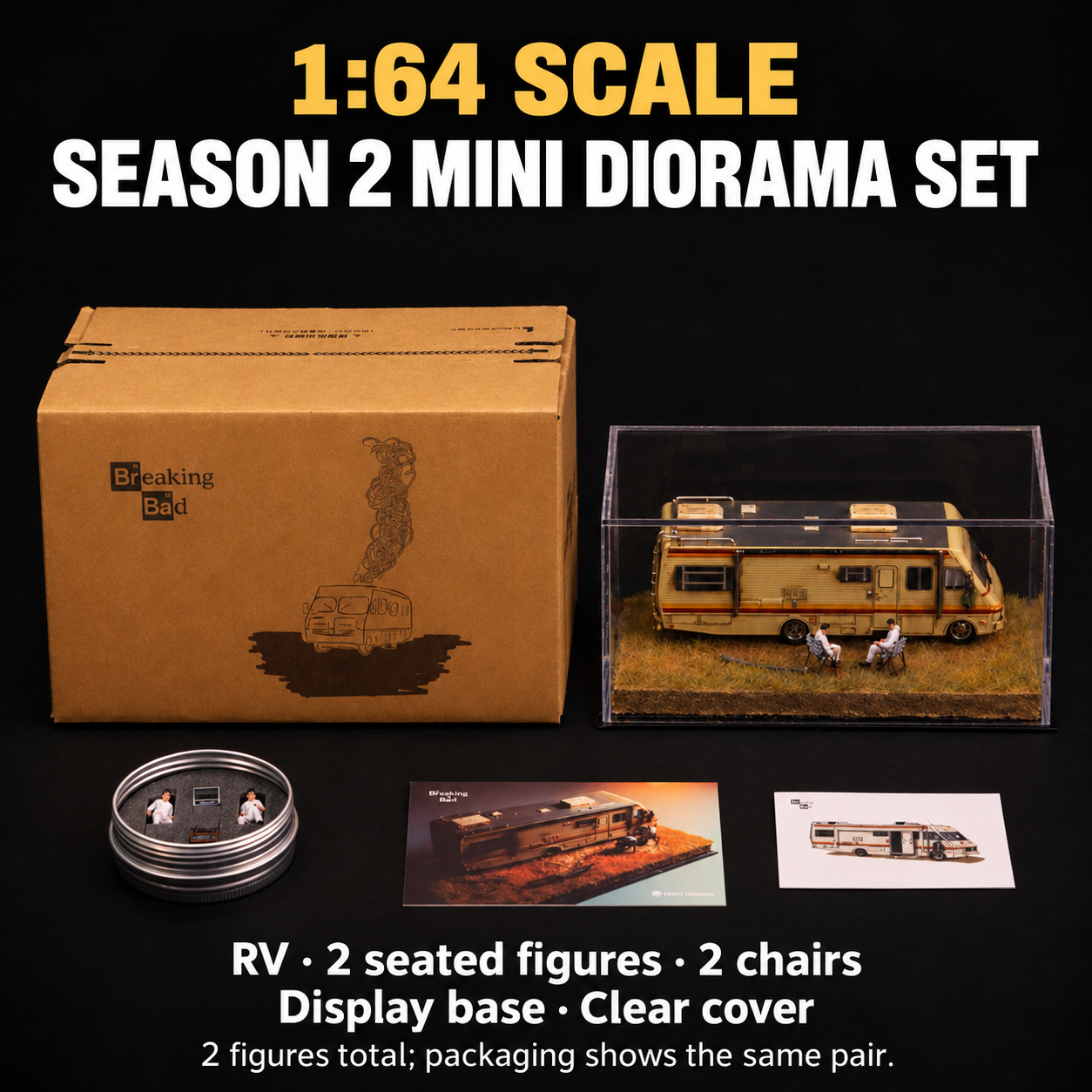 Season 2 Mini Diorama Set with RV, two seated figures, two chairs, small desert-grass base and clear display cover; tin and scene show the same figure pair