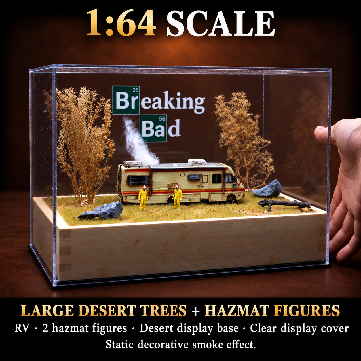 Large Desert Trees + Hazmat Figures configuration with RV, two yellow-suited figures, tree-covered desert base and clear display cover