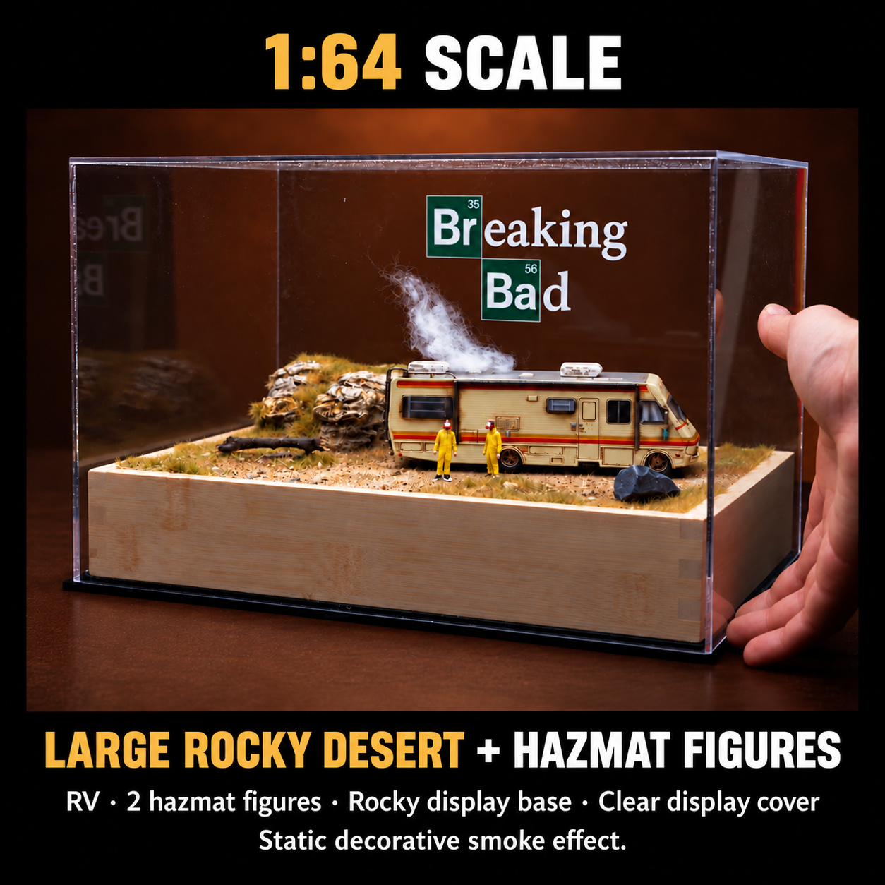 Large Rocky Desert + Hazmat Figures configuration with RV, two yellow-suited figures, rocky desert base and clear display cover