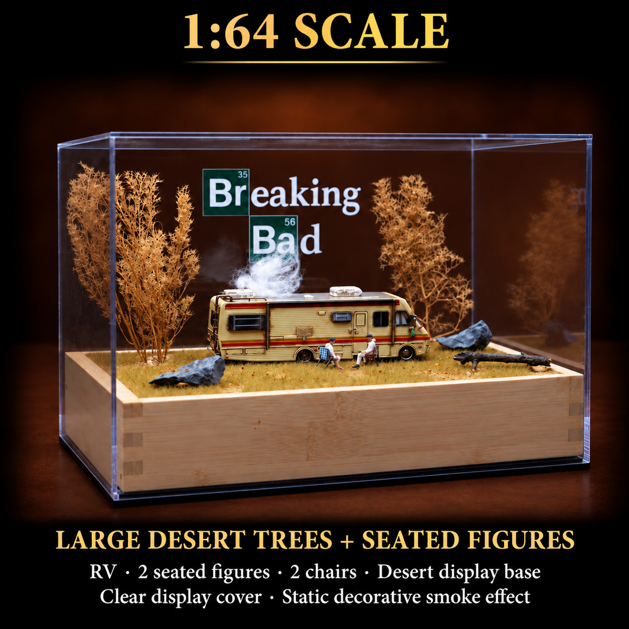 Large Desert Trees + Seated Figures configuration with RV, two seated figures, two chairs, desert-tree base and clear display cover