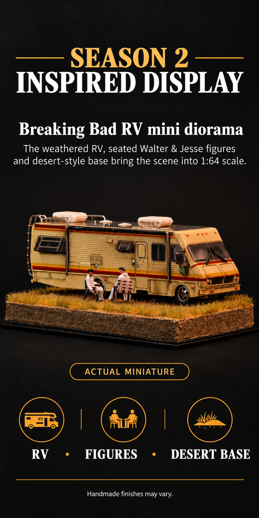 Season 2-inspired miniature display featuring the weathered RV, seated Walter and Jesse, and desert base
