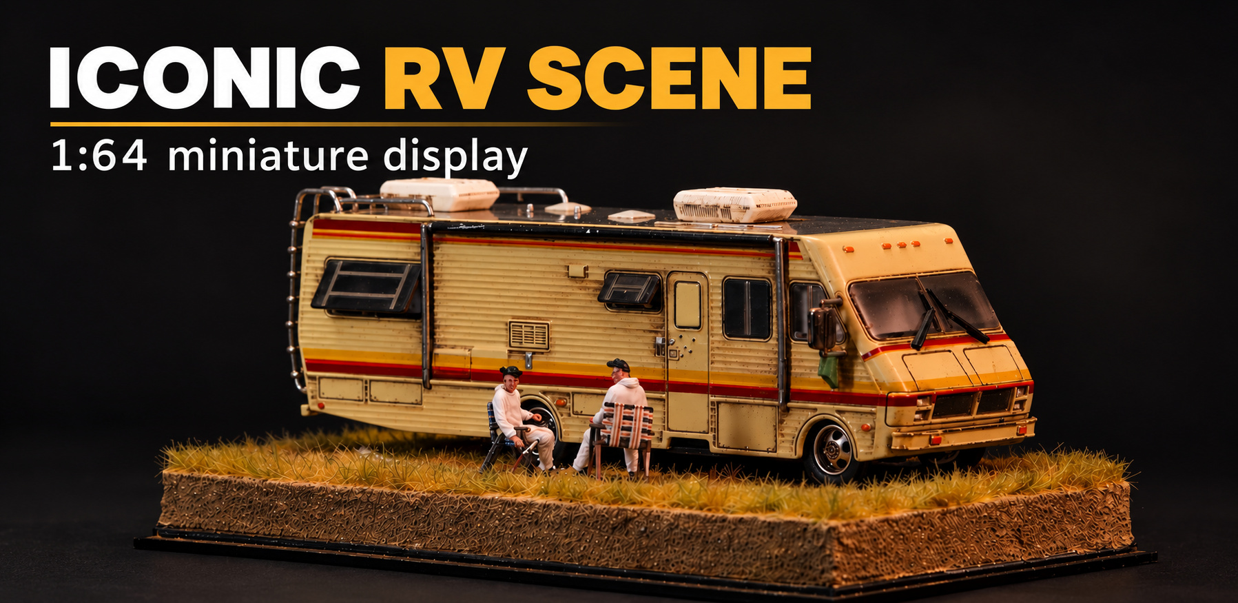 Wide view of the weathered RV with two seated figures on the 1:64 desert diorama base