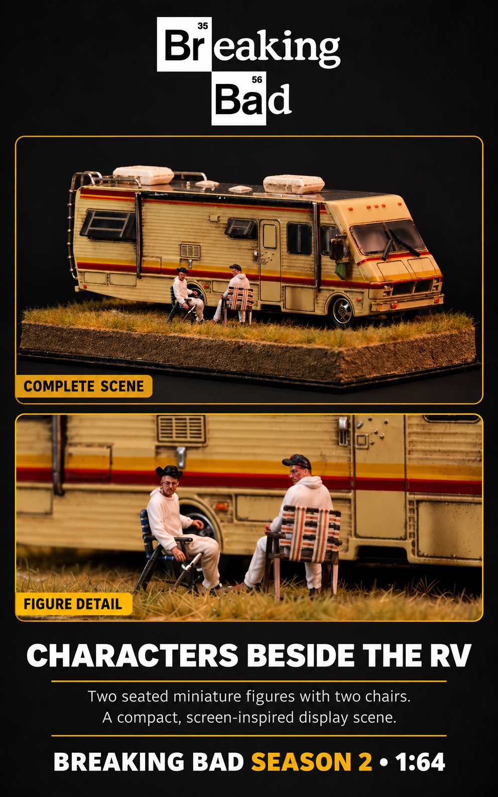 Full RV diorama and close-up of Walter White and Jesse Pinkman seated on their two chairs