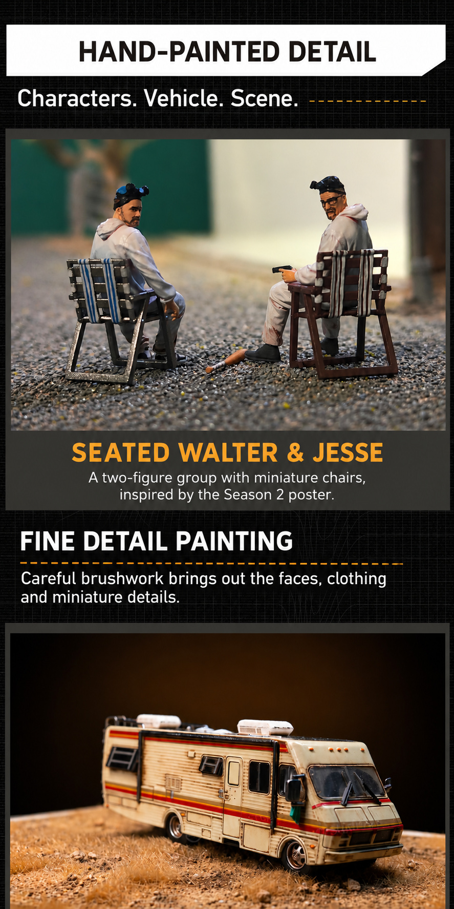 Close-up of the hand-painted seated Walter and Jesse figures with their chairs, above a weathered RV photo