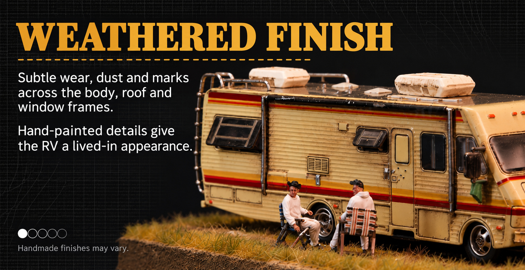 Weathered RV finish showing wear, dust and marks across body panels, roof and window frames