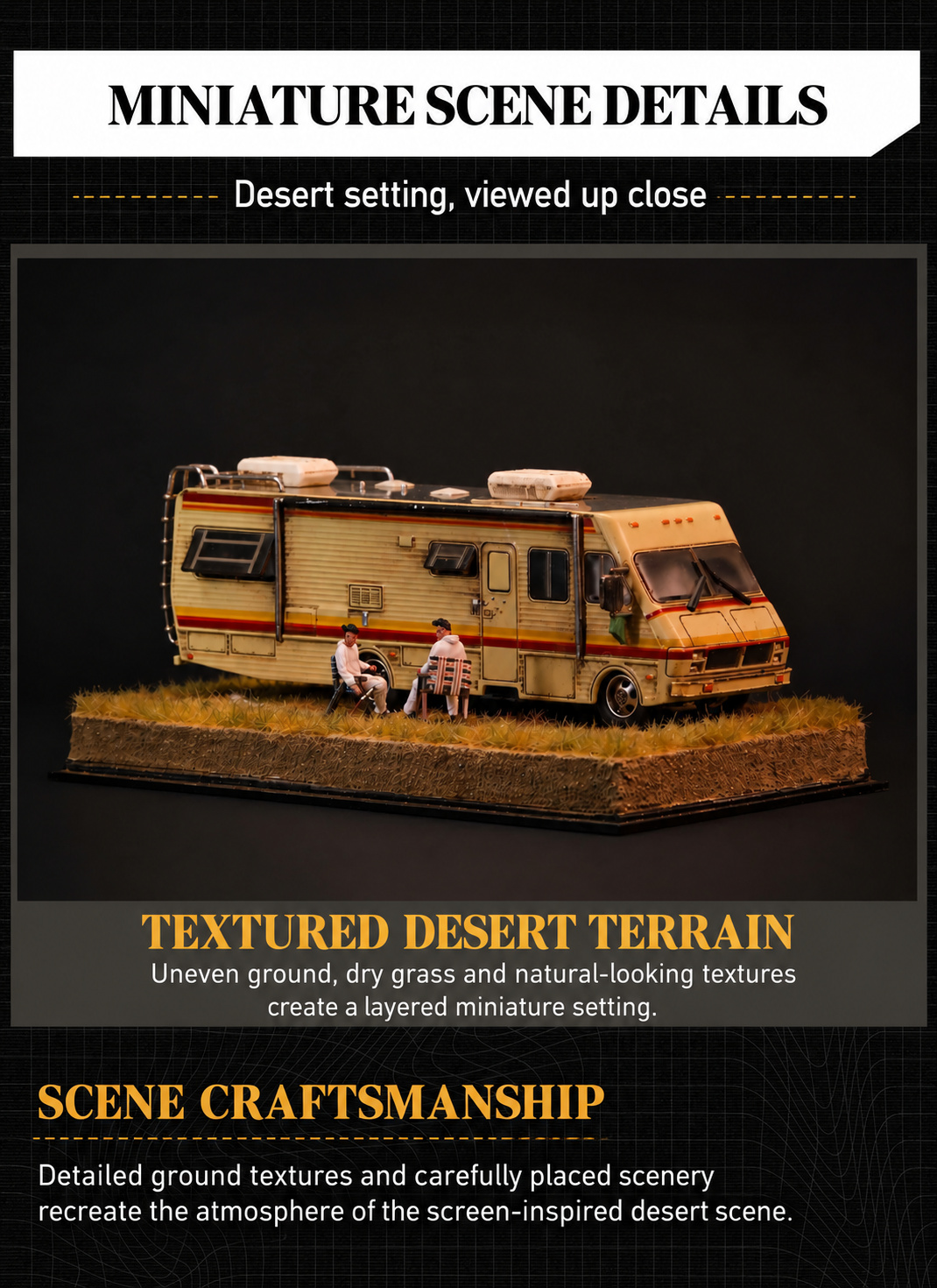 RV and seated figures on textured desert terrain with dry model grass and uneven ground