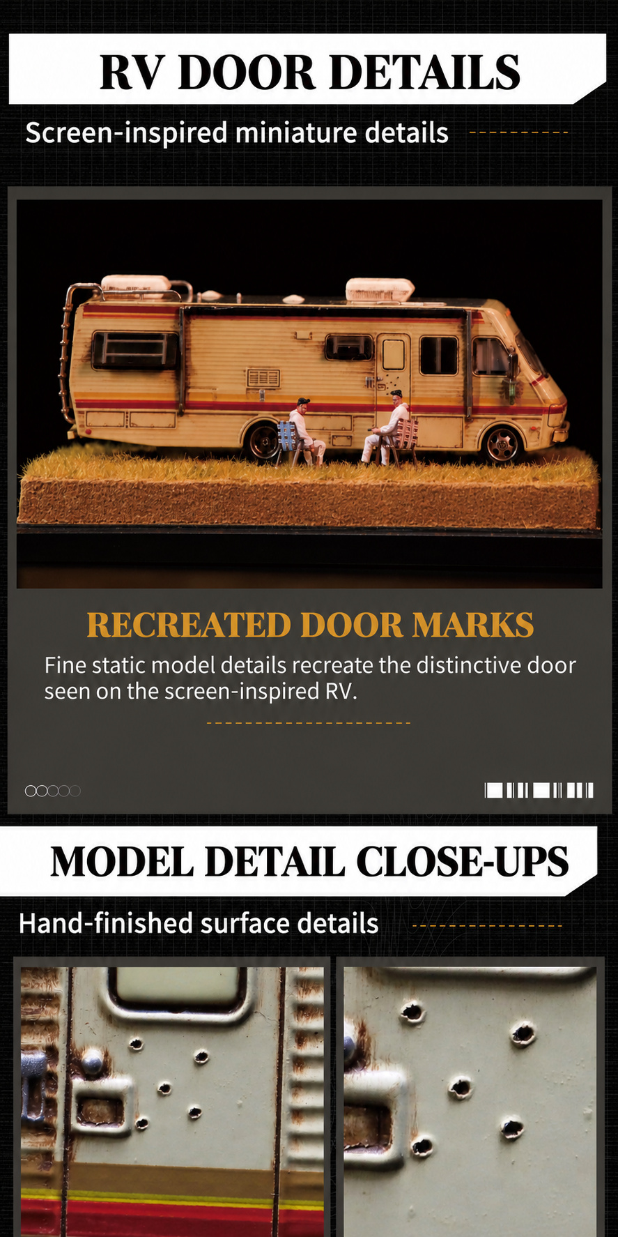 RV door-side scene and close-ups of recreated static door marks