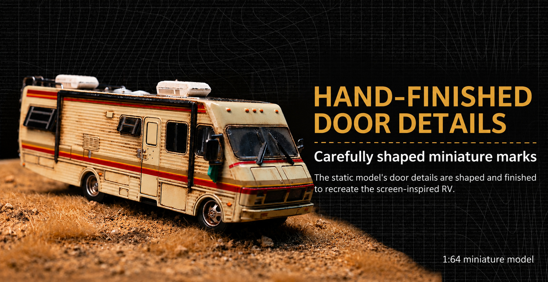 Front three-quarter RV photograph with a description of its hand-finished miniature door details