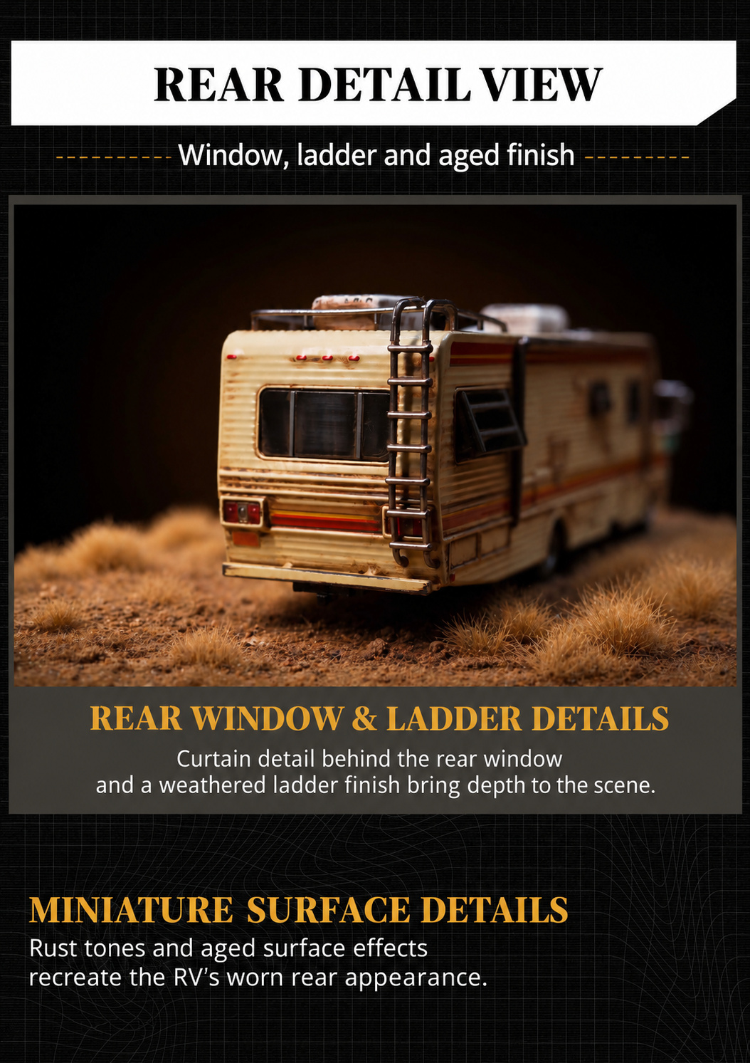 Rear close-up of the weathered RV showing its window, curtains and ladder details