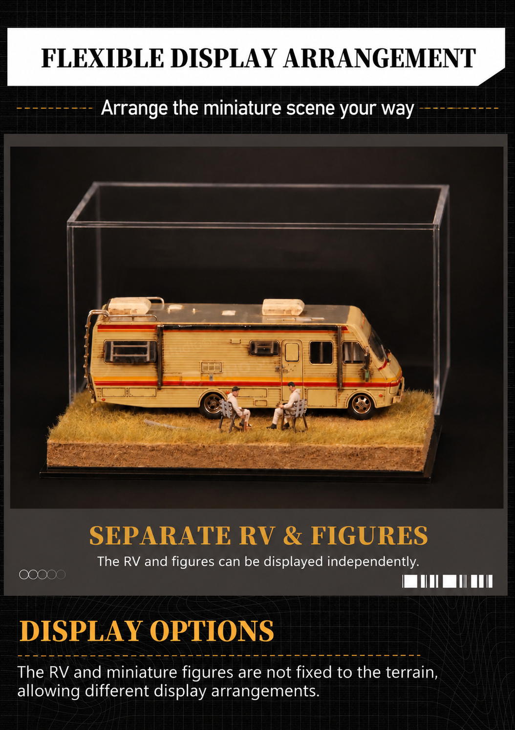 RV and two seated figures arranged on the desert base in front of the clear display cover