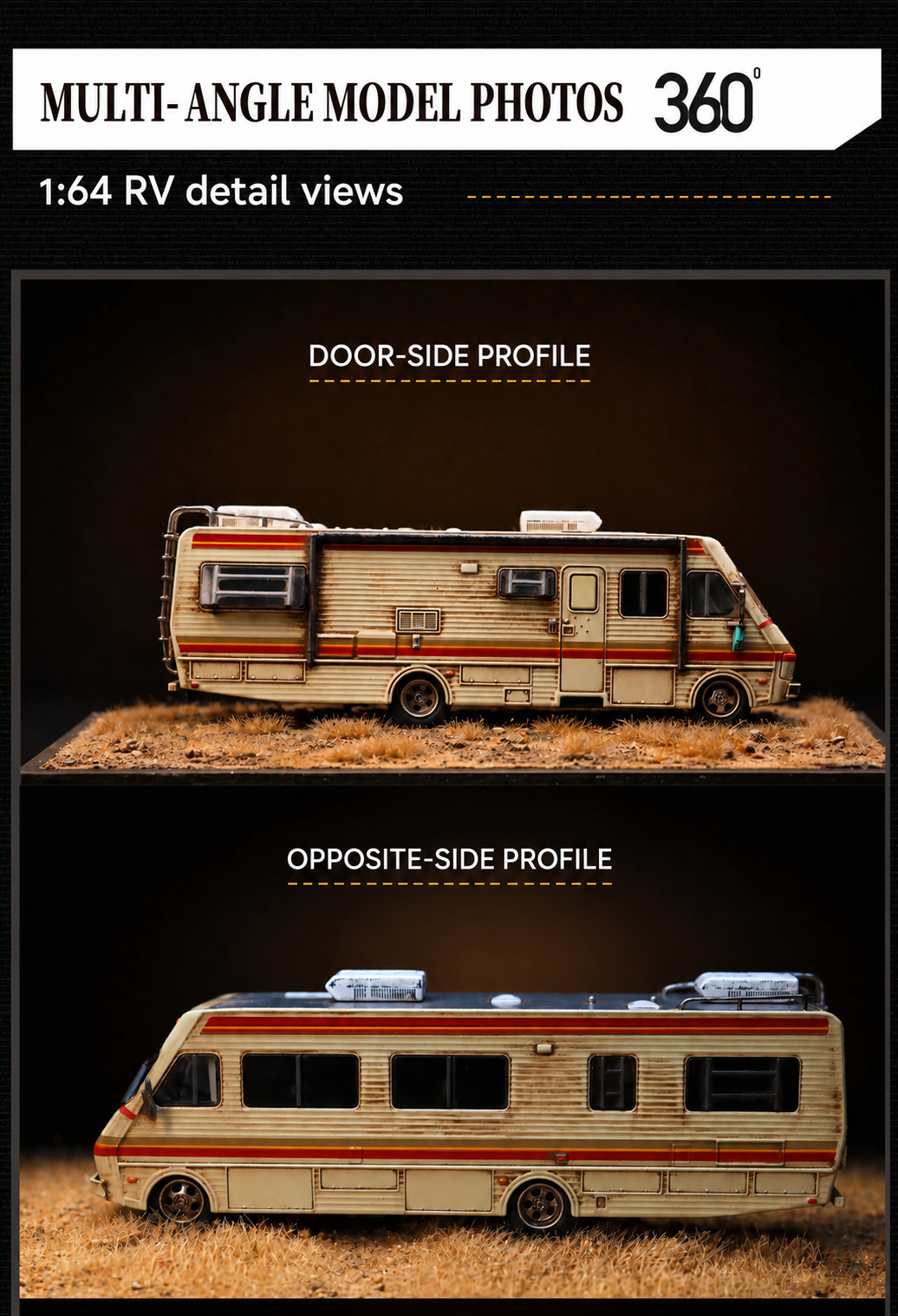 Door-side and opposite-side profile photographs of the weathered 1:64 RV model