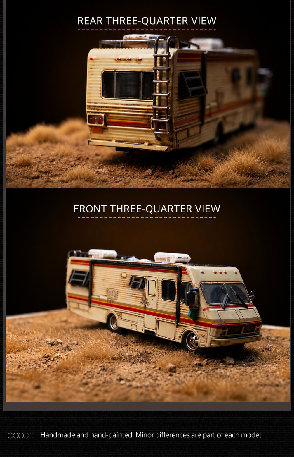 Rear and front three-quarter views showing handmade weathering on the RV model