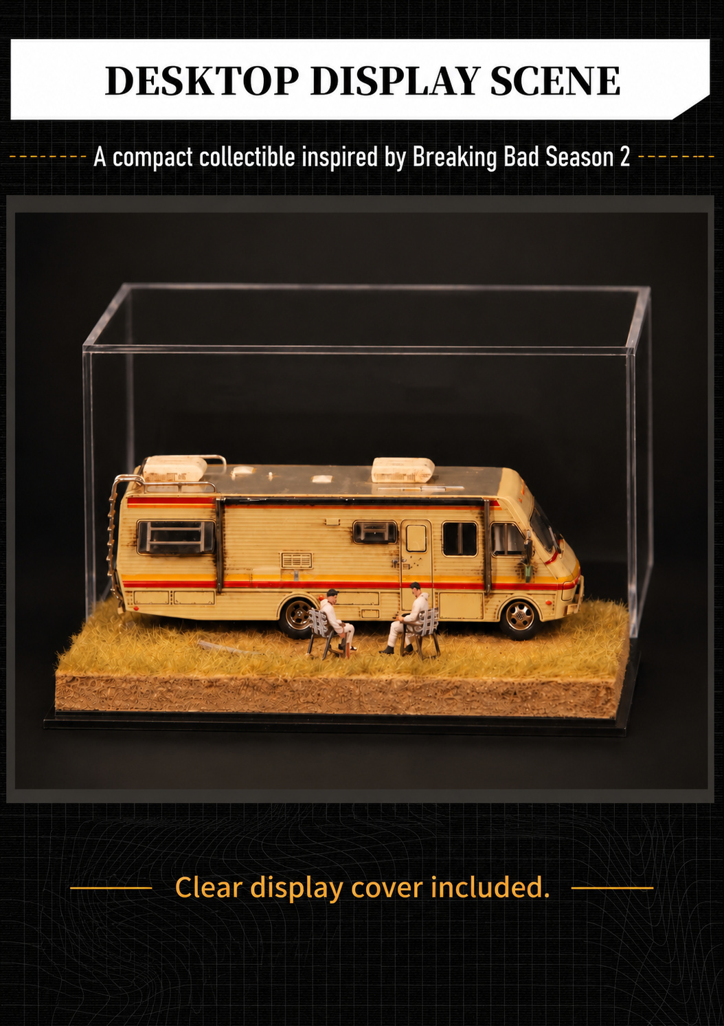 Desktop RV diorama scene showing the weathered model, seated figures, desert base and included clear cover