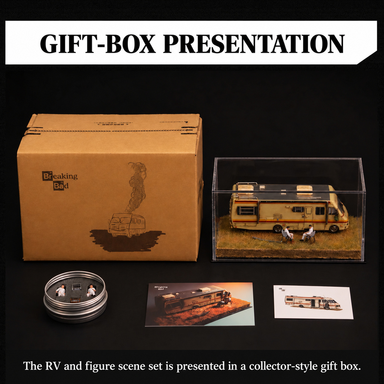 Presentation packaging photograph showing the covered RV scene, round figure container and theme cards; photographed cards are not guaranteed contents