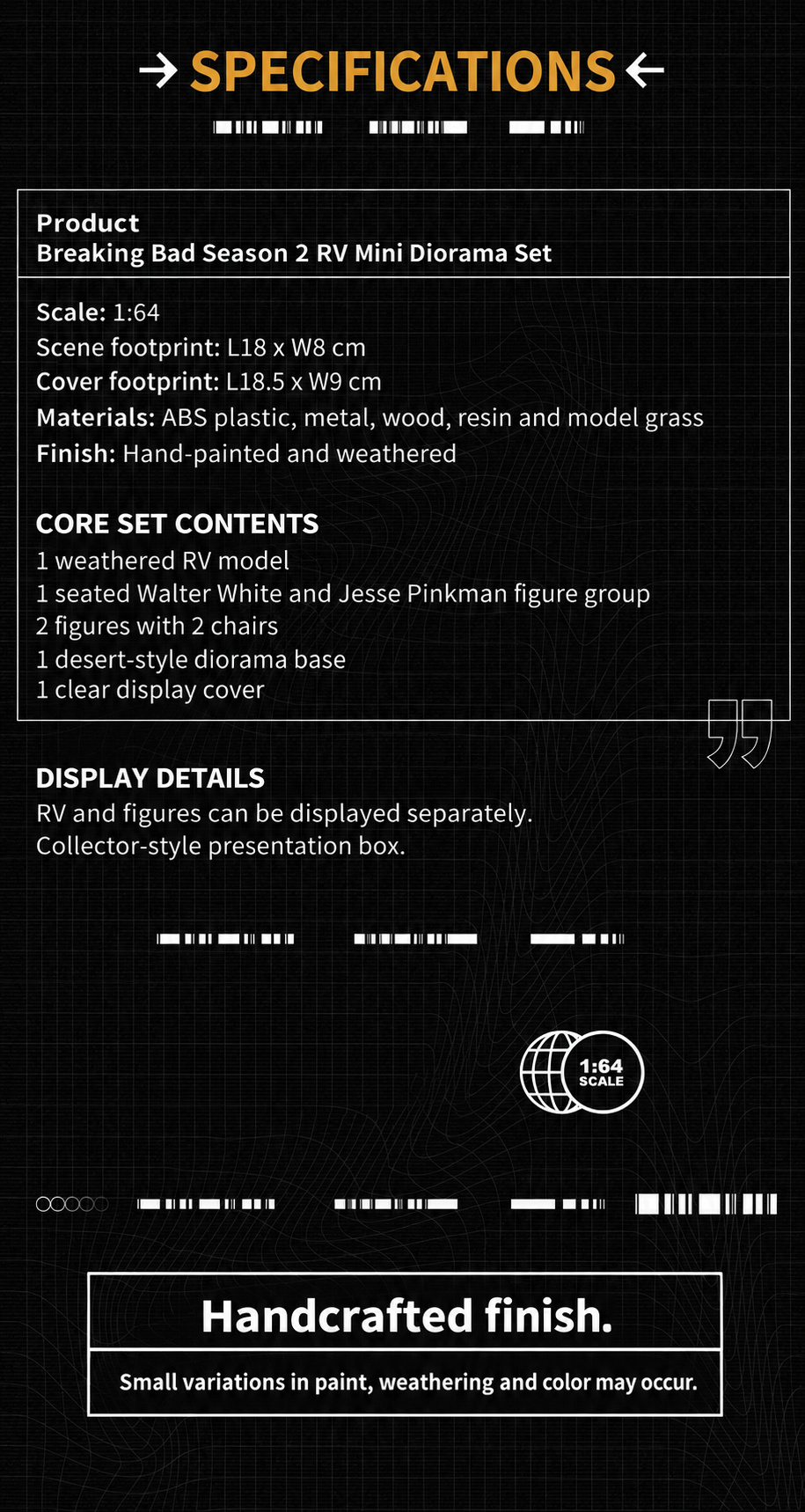 RV diorama specifications: 1:64 scale, scene footprint 18 by 8 cm, cover footprint 18.5 by 9 cm, materials and core contents