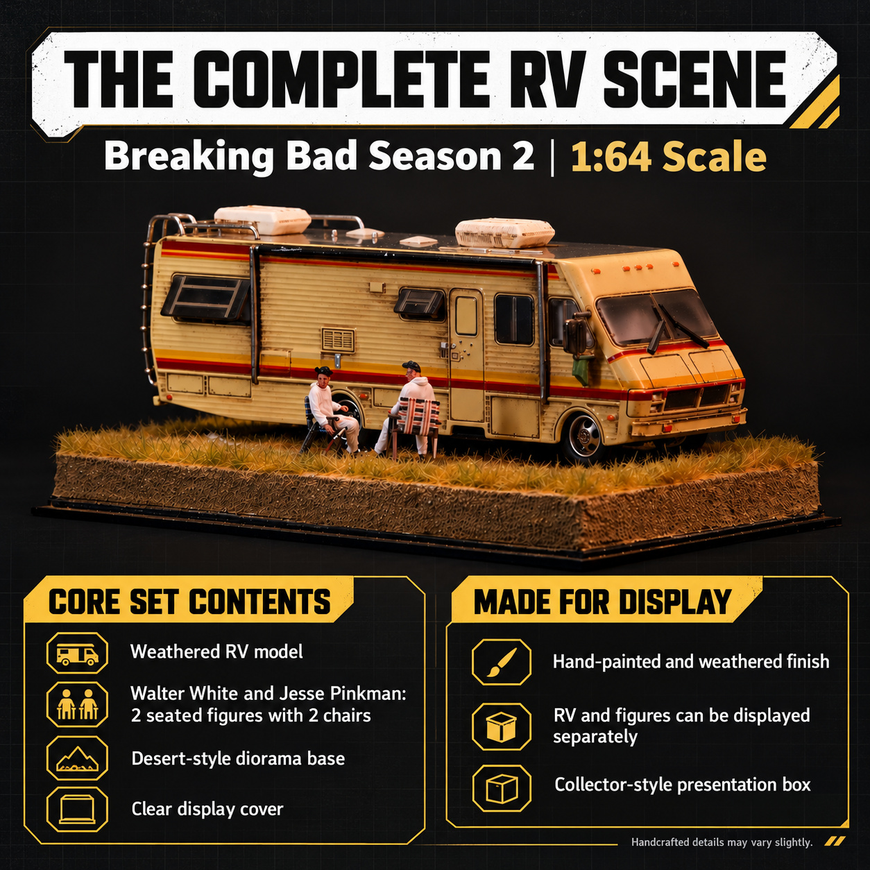 Complete RV scene summary with one weathered RV, two figures and chairs, desert-style base and clear display cover