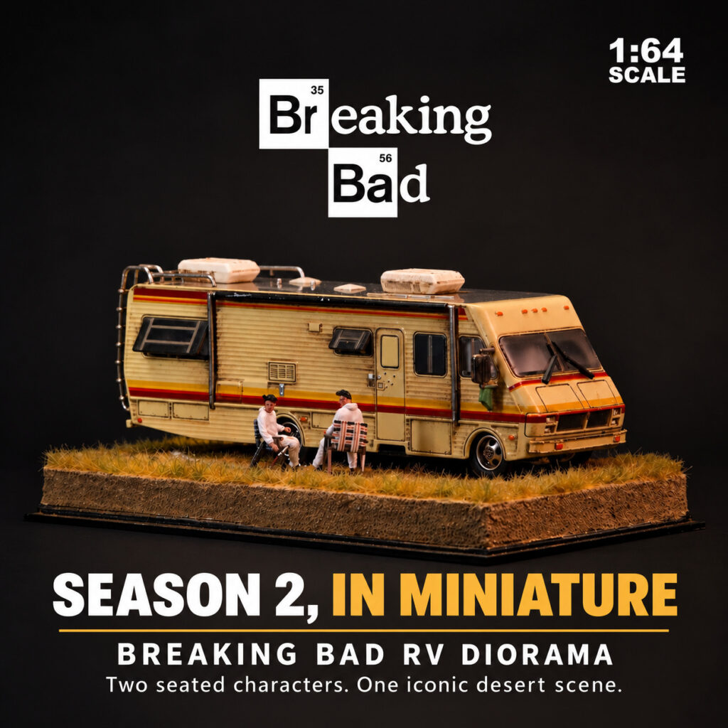 Weathered RV with two seated figures on a desert-style base, shown as a Season 2 miniature display