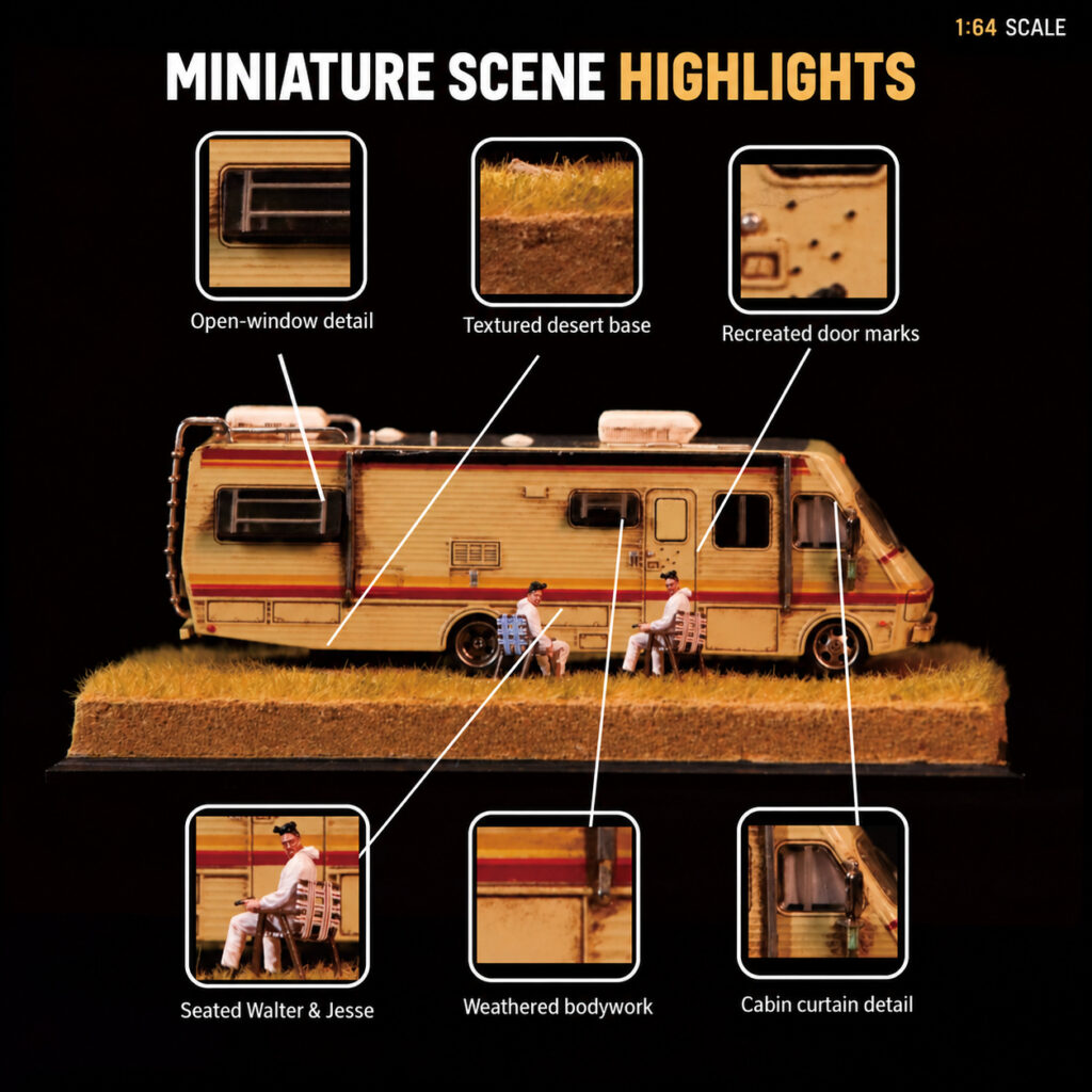 RV diorama detail collage showing windows, textured desert base, door marks, seated figures, body weathering and cab curtains