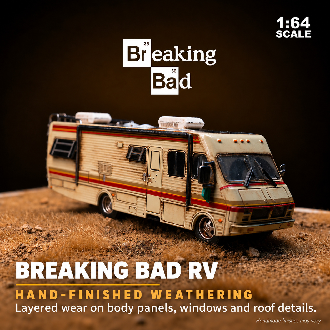 Front three-quarter close-up of the weathered RV model on textured desert terrain