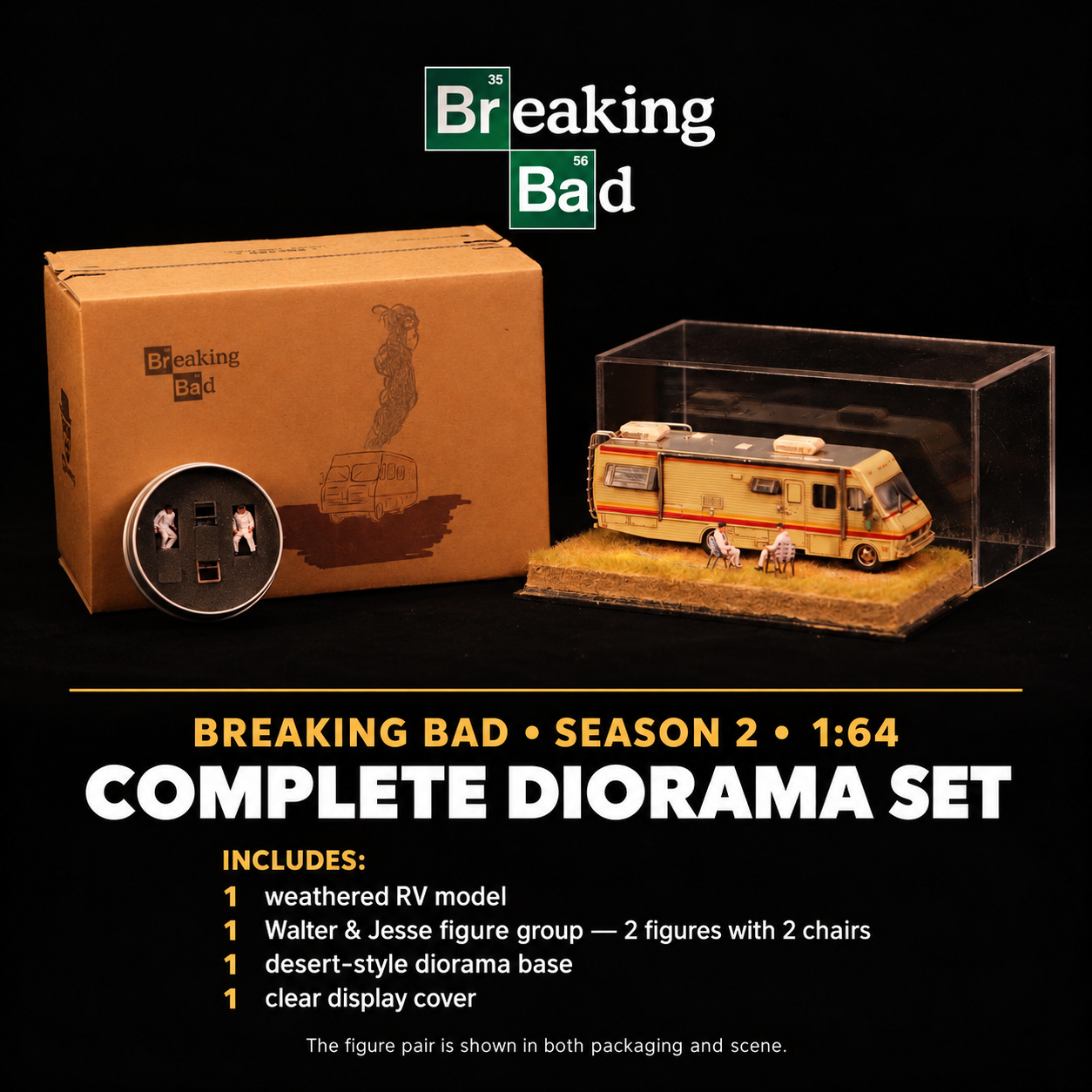 Complete RV diorama set with clear cover and packaging; the round container and scene show the same two figures