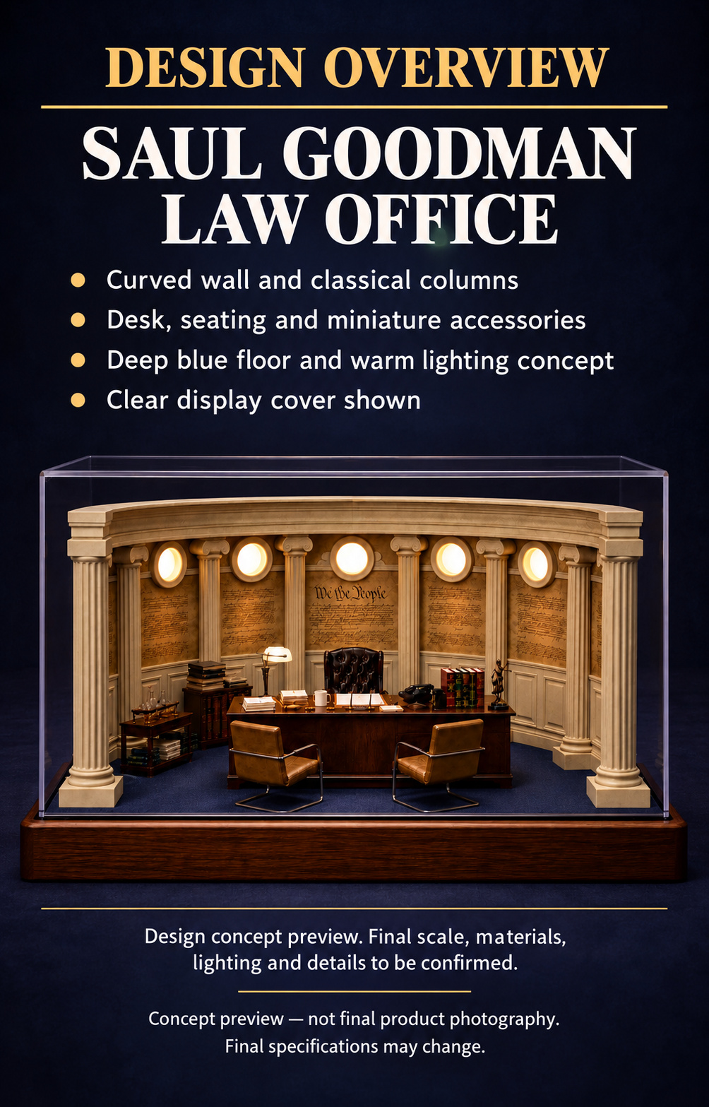 Law office design overview showing a curved wall, classical columns, desk and proposed display enclosure